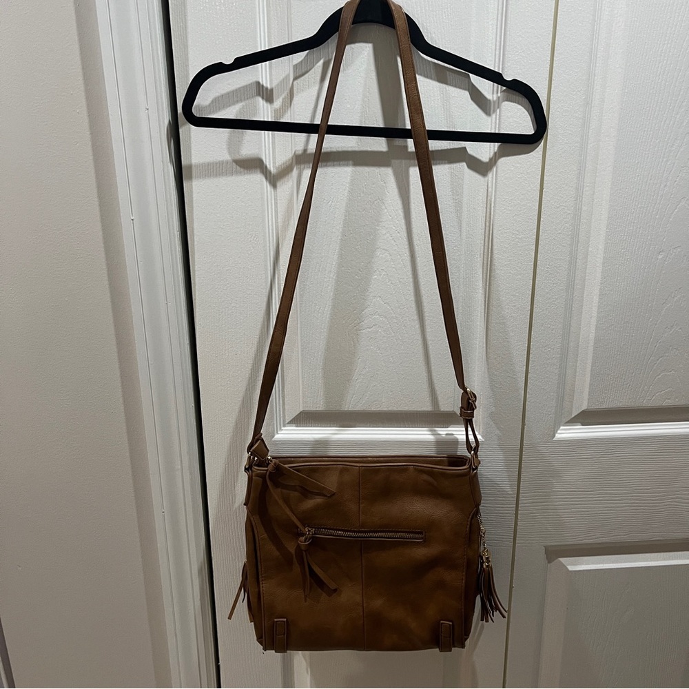 🩷 MMS Brown Leather Crossbody Bag Purse Gold Accents